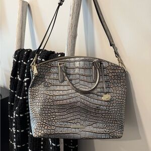 Brahmin Crocodile-Embossed Shoulder Bag in Blue/Silver Metallic with tan.